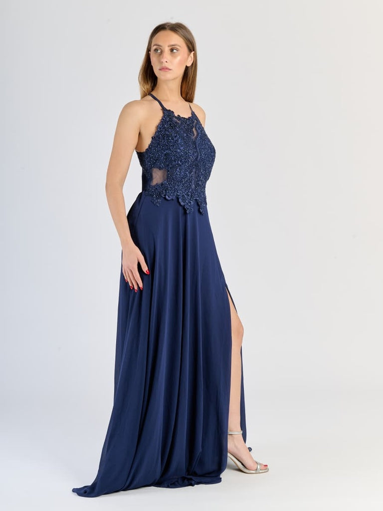 "Edera" Long Ceremony Dress with Lace Bodice and Side Slit
