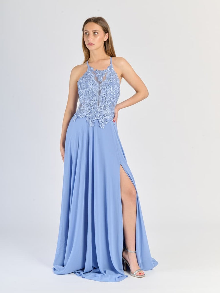 "Edera" Long Ceremony Dress with Lace Bodice and Side Slit