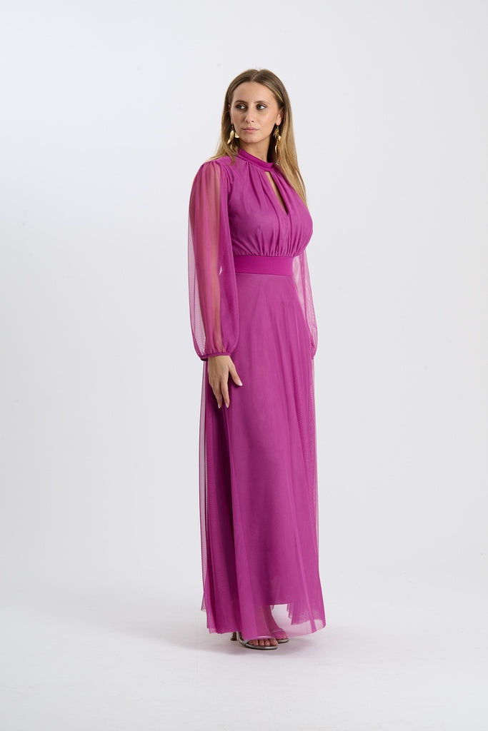 Abito lungo da cerimonia “Lavinia” con maniche in tulle e scollo a goccia