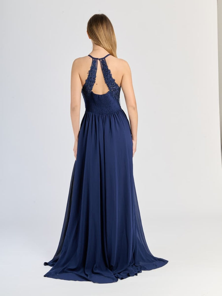 "Edera" Long Ceremony Dress with Lace Bodice and Side Slit