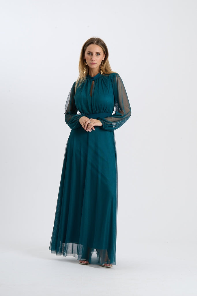 Abito lungo da cerimonia “Lavinia” con maniche in tulle e scollo a goccia