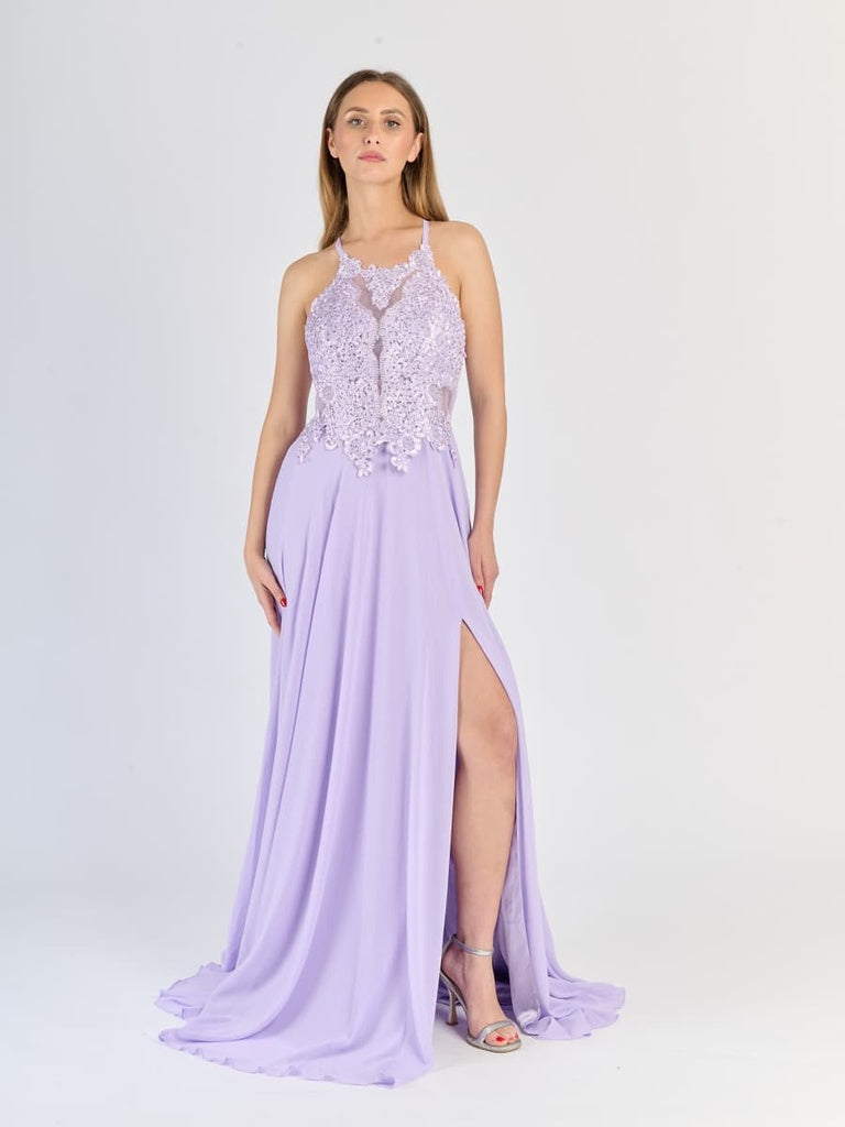 "Edera" Long Ceremony Dress with Lace Bodice and Side Slit