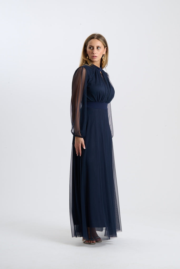 Abito lungo da cerimonia “Lavinia” con maniche in tulle e scollo a goccia