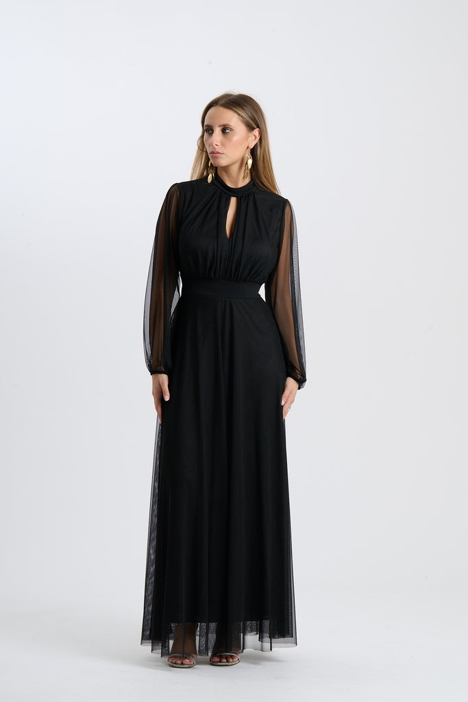 Abito lungo da cerimonia “Lavinia” con maniche in tulle e scollo a goccia