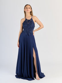 "Edera" Long Ceremony Dress with Lace Bodice and Side Slit
