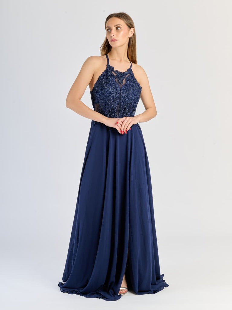 "Edera" Long Ceremony Dress with Lace Bodice and Side Slit