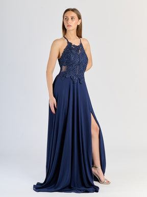 "Edera" Long Ceremony Dress with Lace Bodice and Side Slit