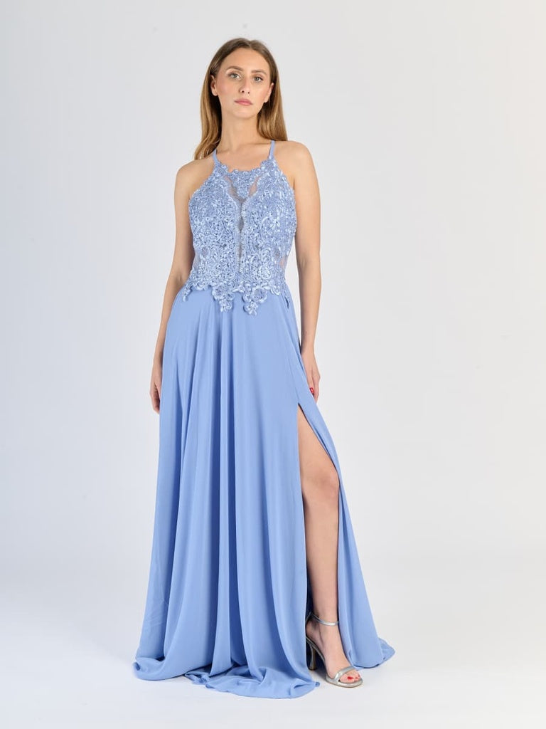 "Edera" Long Ceremony Dress with Lace Bodice and Side Slit