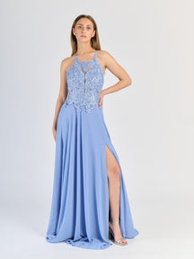"Edera" Long Ceremony Dress with Lace Bodice and Side Slit