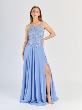 "Edera" Long Ceremony Dress with Lace Bodice and Side Slit