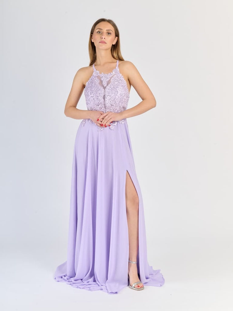 "Edera" Long Ceremony Dress with Lace Bodice and Side Slit