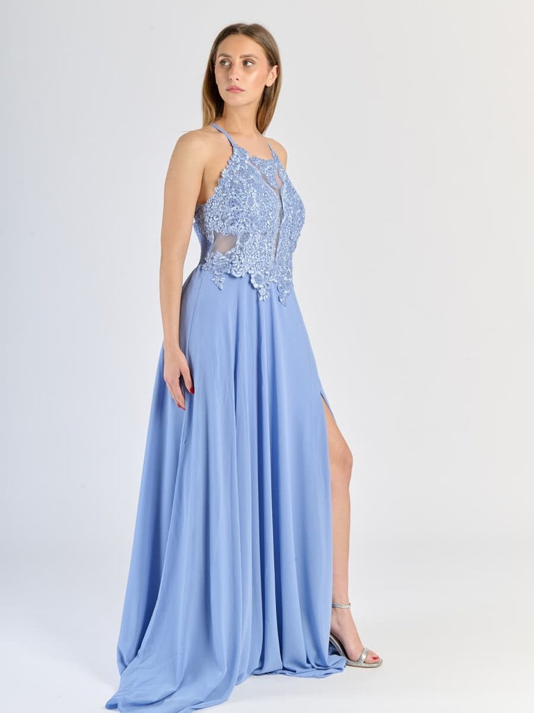 "Edera" Long Ceremony Dress with Lace Bodice and Side Slit