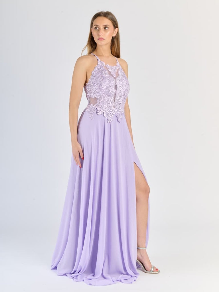 "Edera" Long Ceremony Dress with Lace Bodice and Side Slit