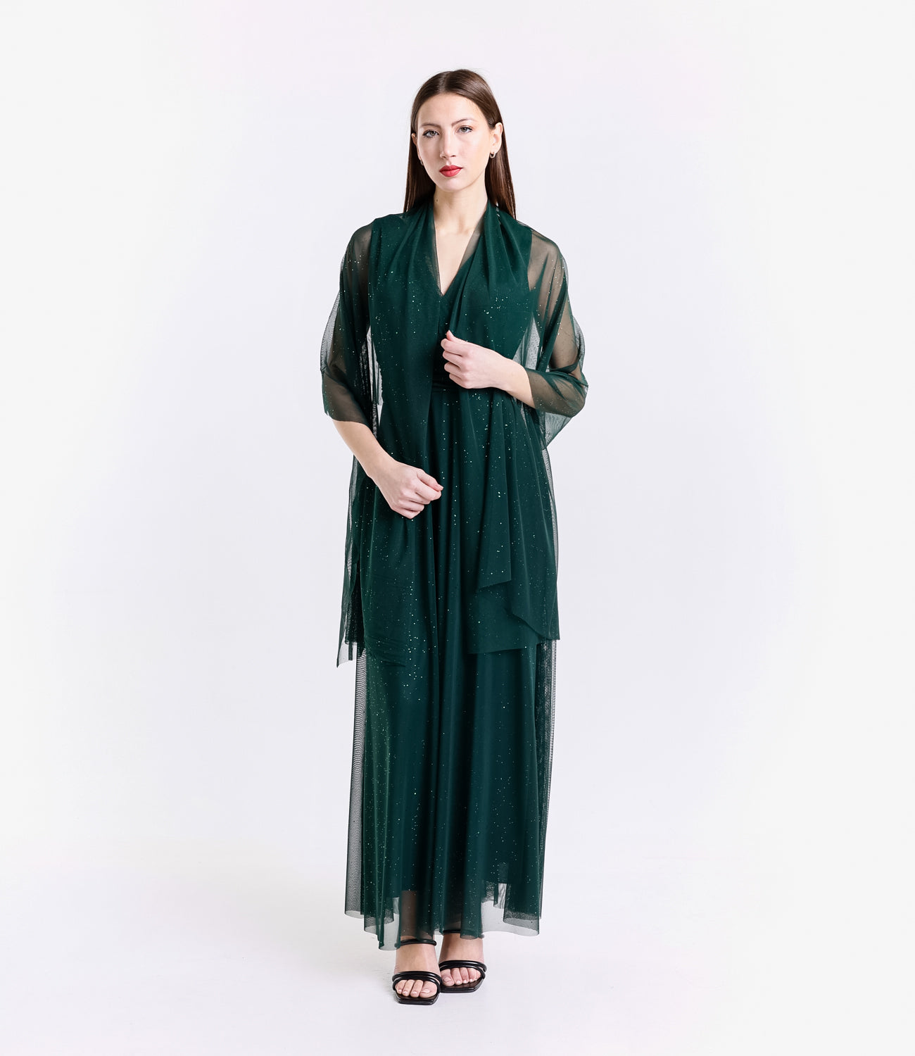 Abito da cerimonia verde scuro conspalline svitate e tessuto lussuoso