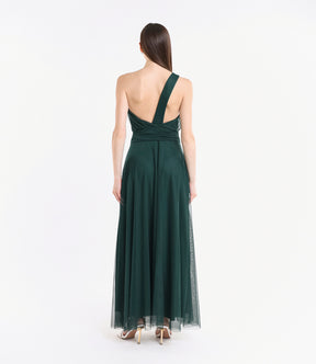 Vestito formale verde.S, design monospalla con dettagli plissé e apertura leggera