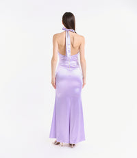 Abito formale lilla in raso, ideale per occasioni speciali
