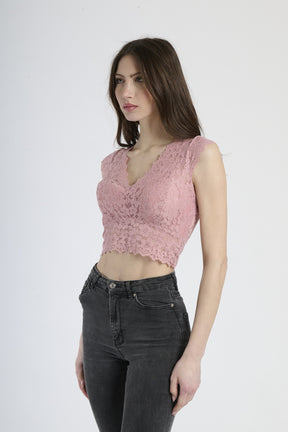 Top estivo rosa antico in pizzo, tessuto traslucido con motivi intricati