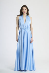  Abito maxi color azzuro, design fluido con coulisse al fianco