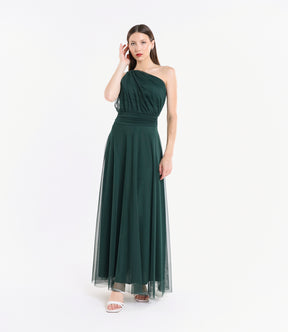 Abito lungo monospalla in tulle verde.S, drappeggi fluidi al busto