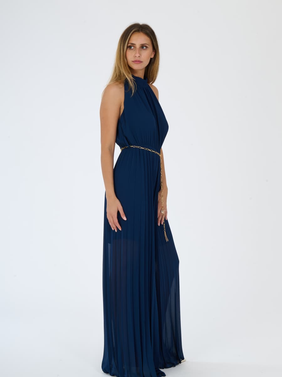 “Celestea” Jumpsuit – Pleated Jumpsuit with Crew Neck and Chain Belt