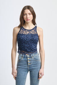 Top estivo in pizzo navy, silhouette slim con bordi a zigzag