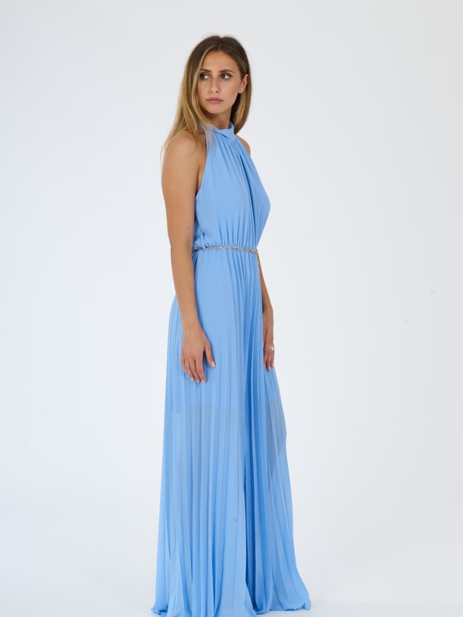 “Celestea” Jumpsuit – Pleated Jumpsuit with Crew Neck and Chain Belt