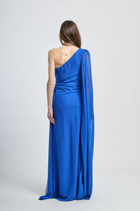 Abito elegante bluette, taglio aderente, spalla unica, perfetto per eventi formali.