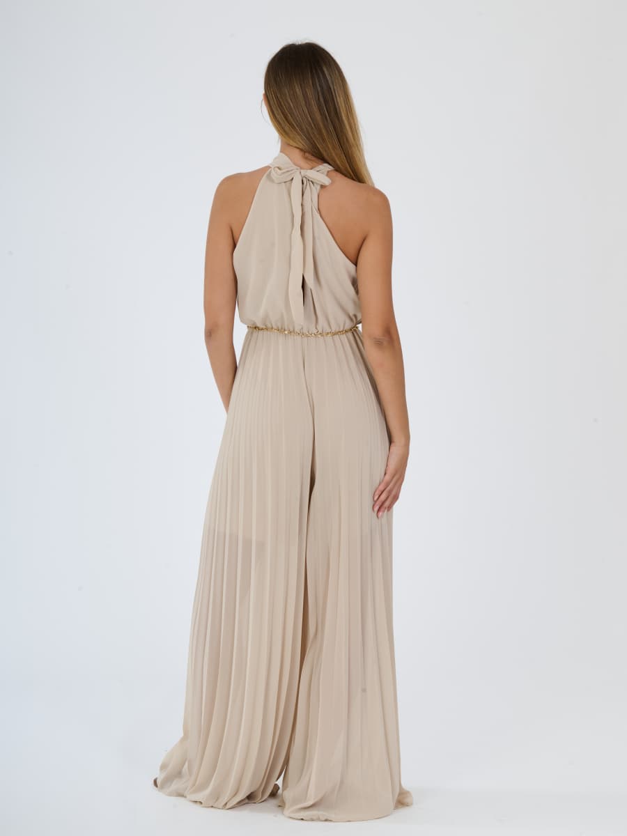 “Celestea” Jumpsuit – Pleated Jumpsuit with Crew Neck and Chain Belt
