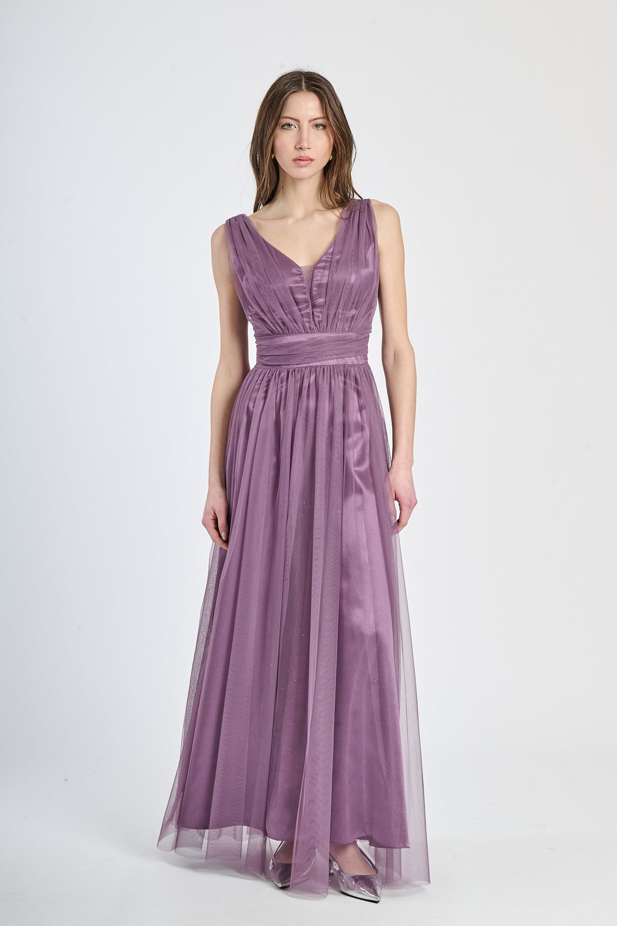 Abito viola con scollo a V, eleganza affascinante per cerimonie