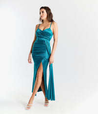 Vestito lungo in raso drappeggiato con spaccatura laterale Beatrice