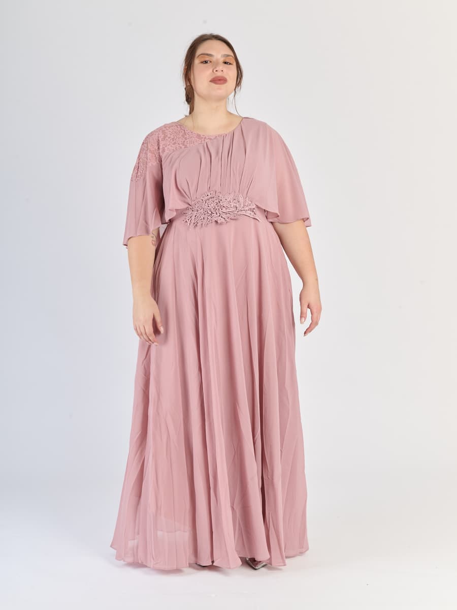 Vestito plus size Rosa Antico con fascia decorativa al busto e tessuto liscio