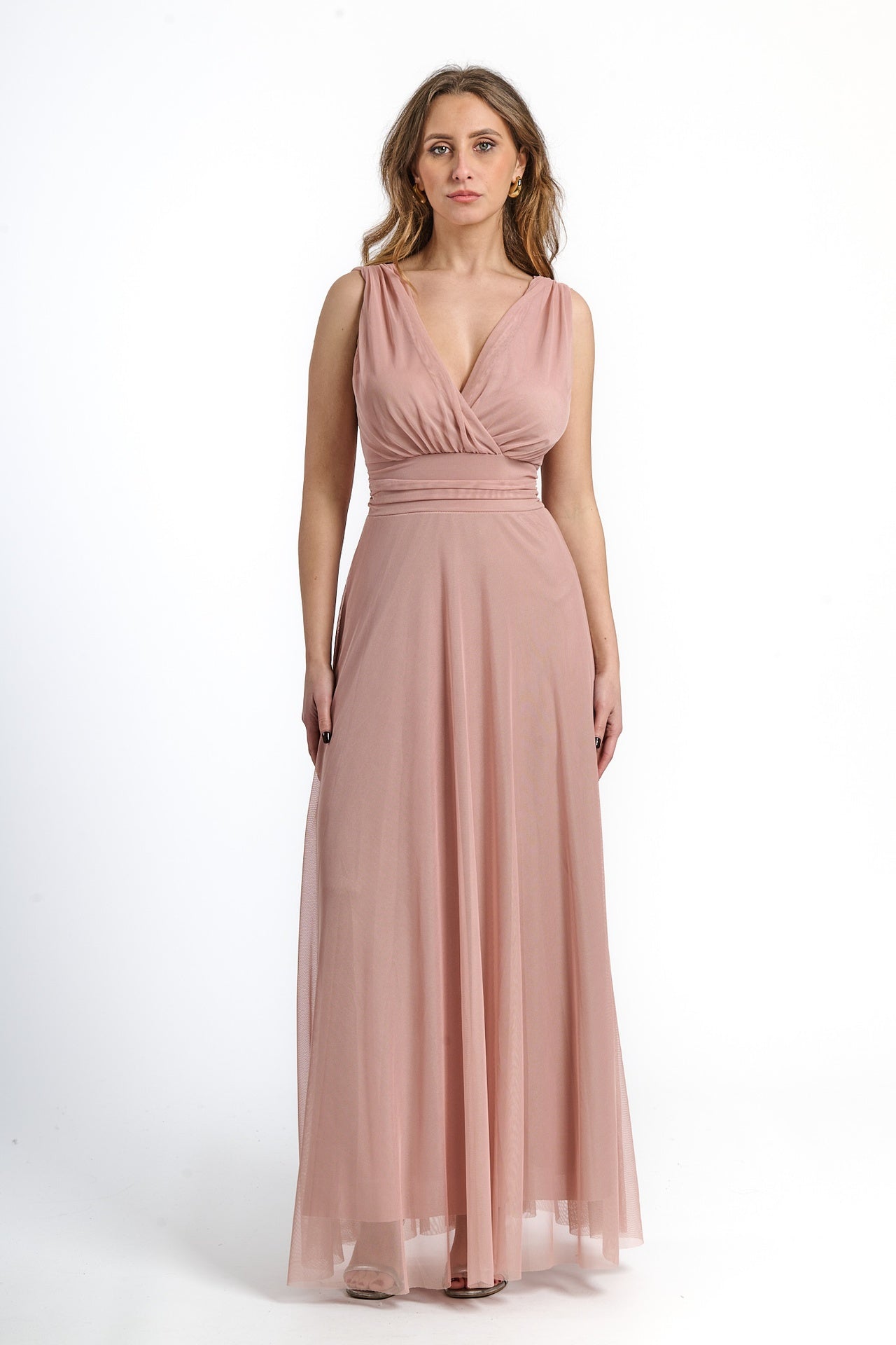 Vestito rosa antico da serata concollo a V