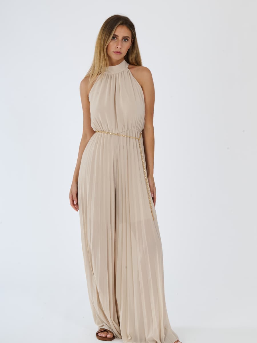“Celestea” Jumpsuit – Pleated Jumpsuit with Crew Neck and Chain Belt