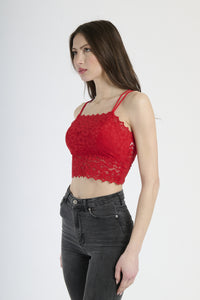 Canotta elegante rosso, tessuto traslucido con motivi floreali