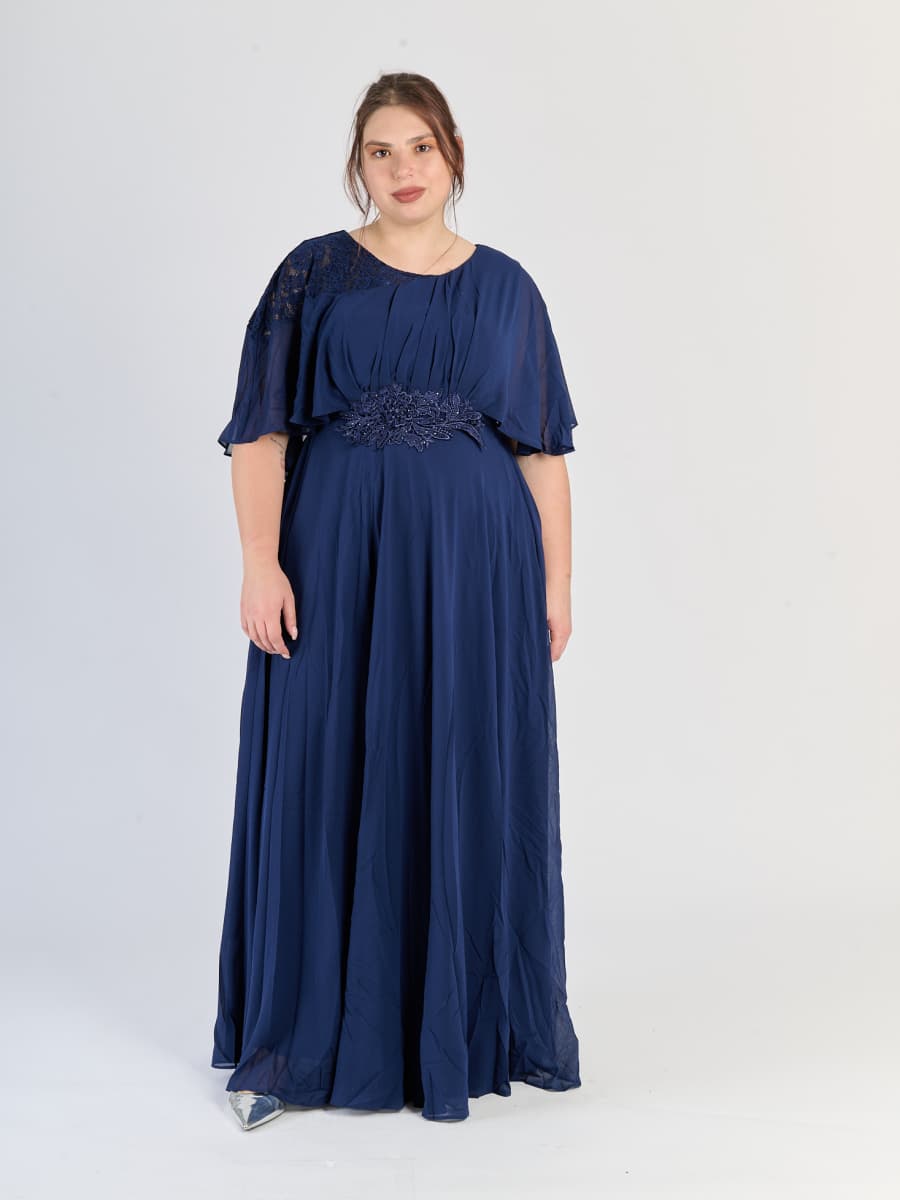 Abito lungo plus size Blu scuro, maniche ampie e scollo rotondo