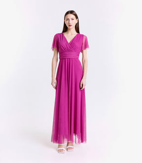 Vestito ciliegio fluido, waist cinto, lunghezza maxi, per eventi romantici
