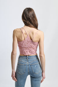 Canotta di pizzo rosa antico, colletto a V e effetto vintage