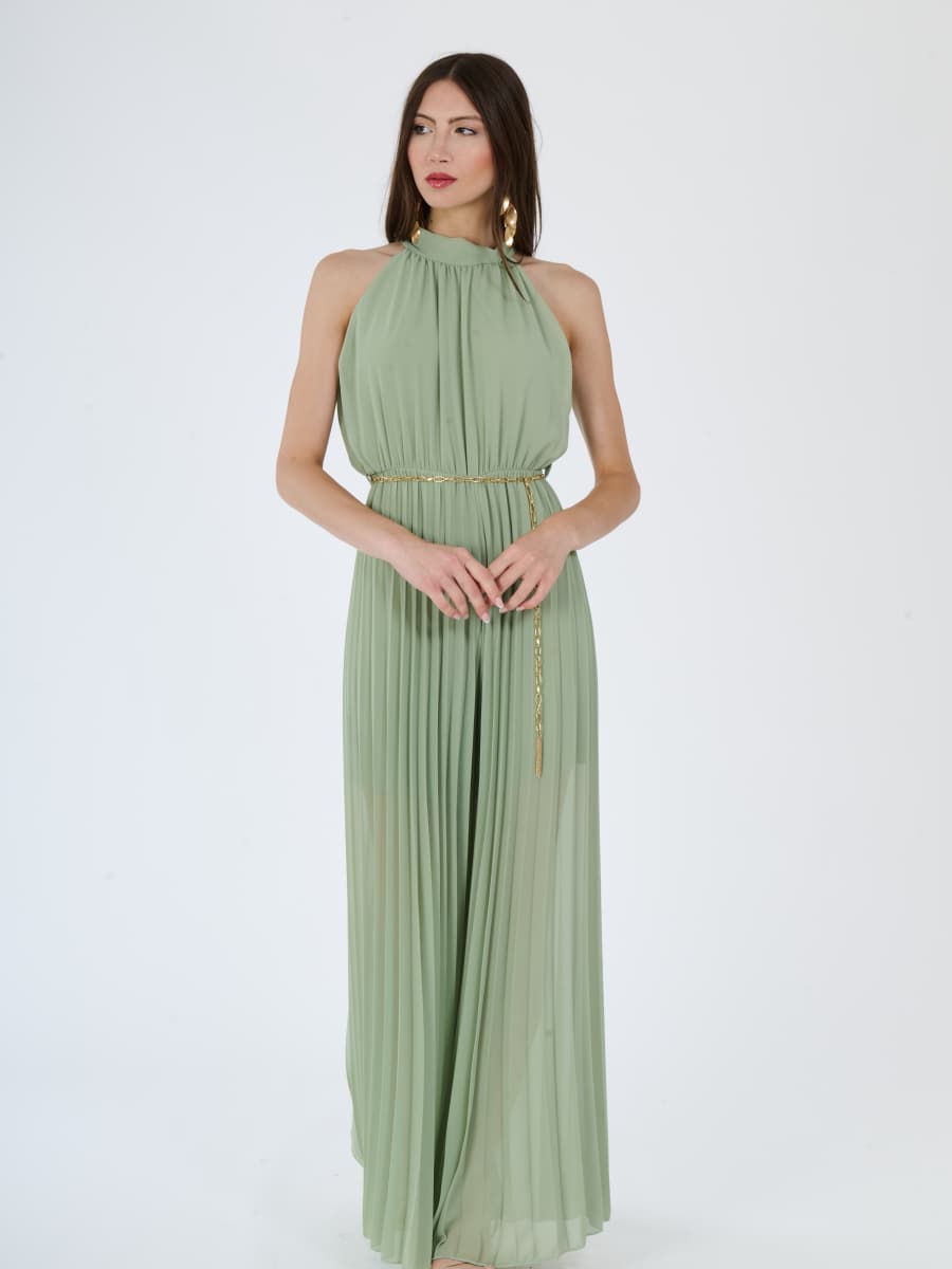 “Celestea” Jumpsuit – Pleated Jumpsuit with Crew Neck and Chain Belt