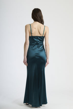 Abito elegante verde.S, taglio aderente con drappeggi e spacco laterale
