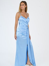 Vestito lungo in raso drappeggiato con spaccatura laterale Beatrice