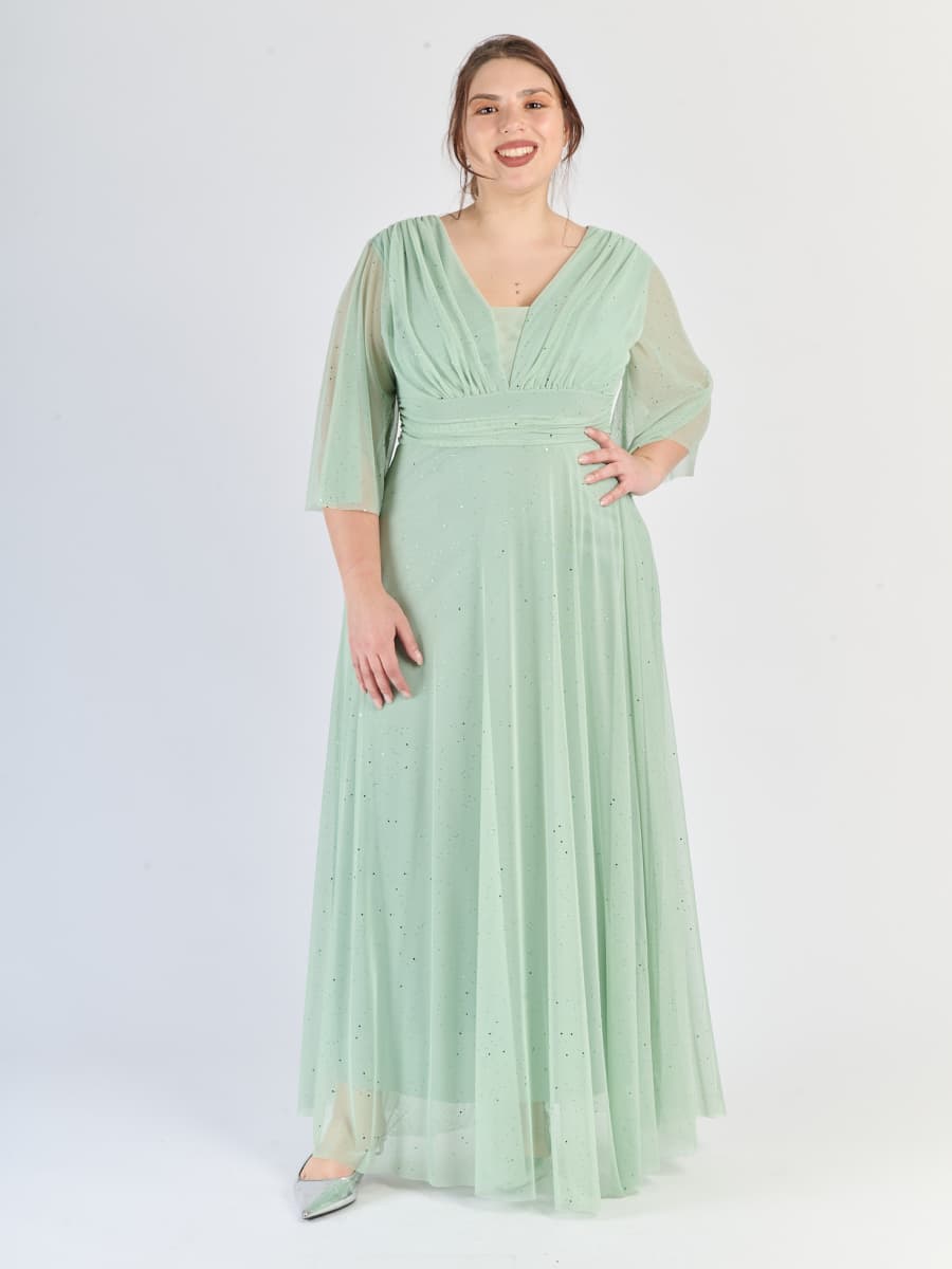 Abito da sera salvia, stile avvolgente con scollatura a V e maniche semi - trasparenti.