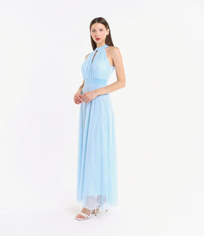 Abito azzurro trasparente in tulle, colletto alto