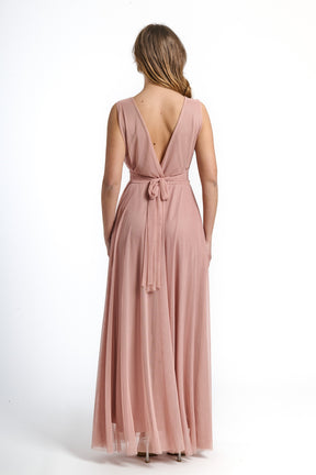 Vestito rosa da serata concollo a V e pizzo delicato