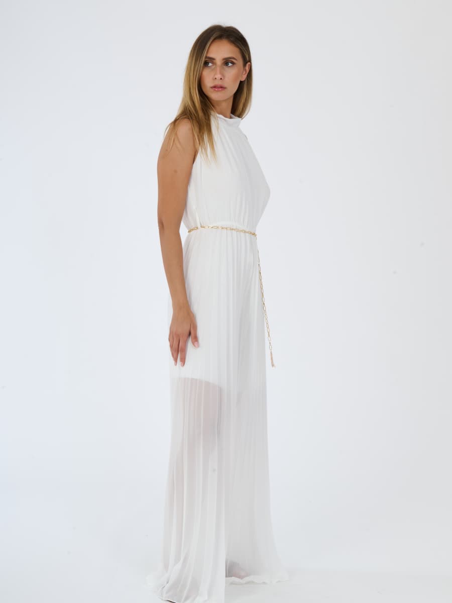 “Celestea” Jumpsuit – Pleated Jumpsuit with Crew Neck and Chain Belt