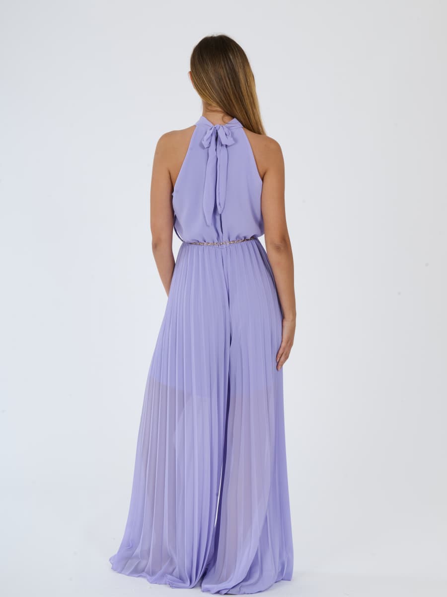 “Celestea” Jumpsuit – Pleated Jumpsuit with Crew Neck and Chain Belt