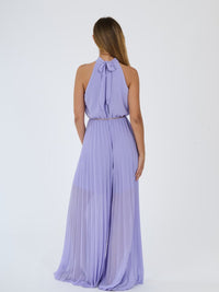 “Celestea” Jumpsuit – Pleated Jumpsuit with Crew Neck and Chain Belt
