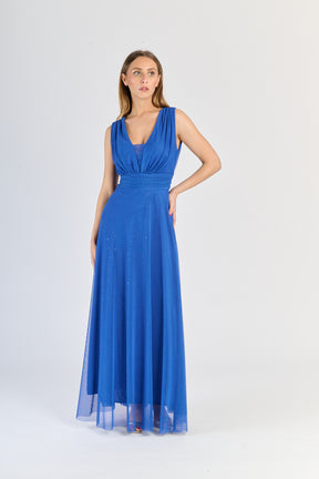 Vestito bluette a V - neck, tessuto pesante, ideale per stagioni fredde.