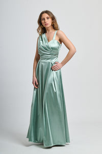 Abito formale salvia in raso, ideale per eventi estivi