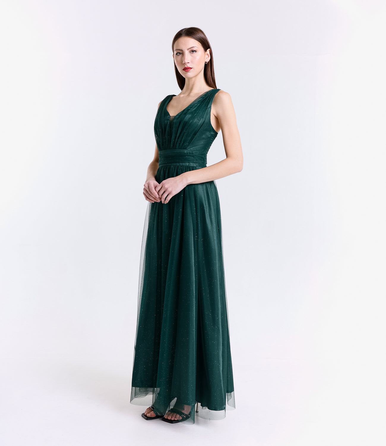 Abito lungo verde.S senza maniche, perfetto per eventi estivi e bridal party