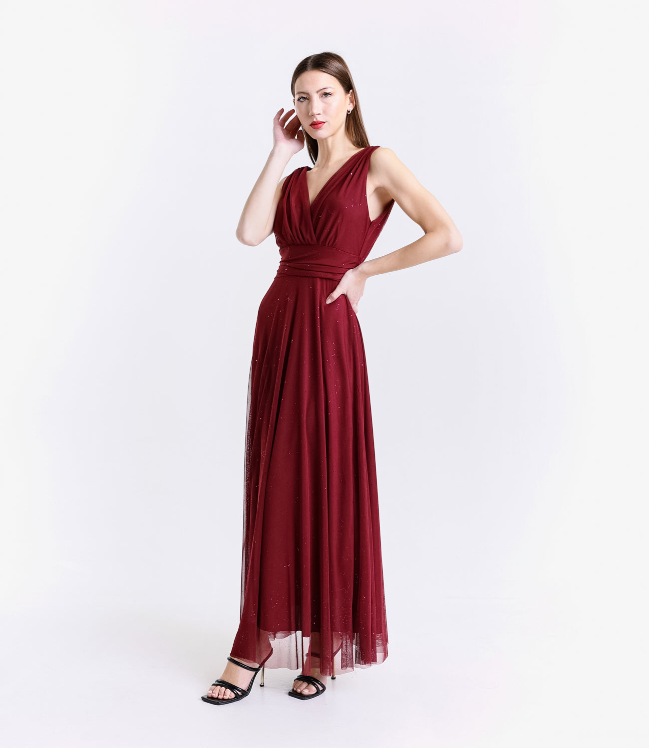 Vestito vino da serata concollo a V e drappaggio seducente